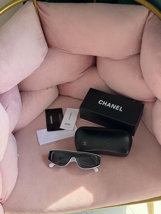 Nowe Okulary Chanel Shield Sunglasses | Biało-Czarne | Pełny Zestaw: Etui, Box, Karta | Darmowa Dostawa Paczkomat