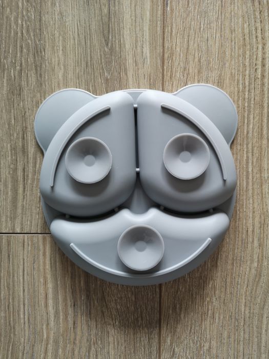 NOWY Talerzyk silikonowy z przyssawką podziałką BLW szary miś