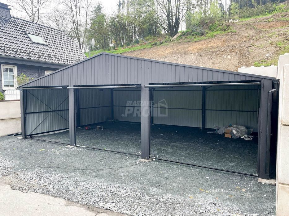 Garaż blaszany 9x6  antracyt 3x brama uchylna   Dach dwuspad GP134