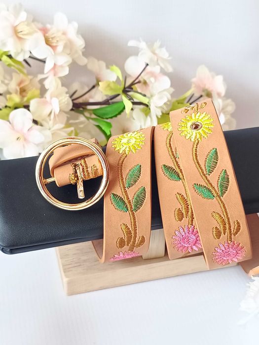 Nowy brązowy pasek cienki regulowany z haftem kwiaty skóra ekologiczna