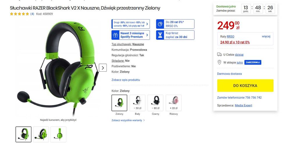 Słuchawki RAZER BlackShark V2 X Nauszne, Dźwięk przestrzenny Zielony