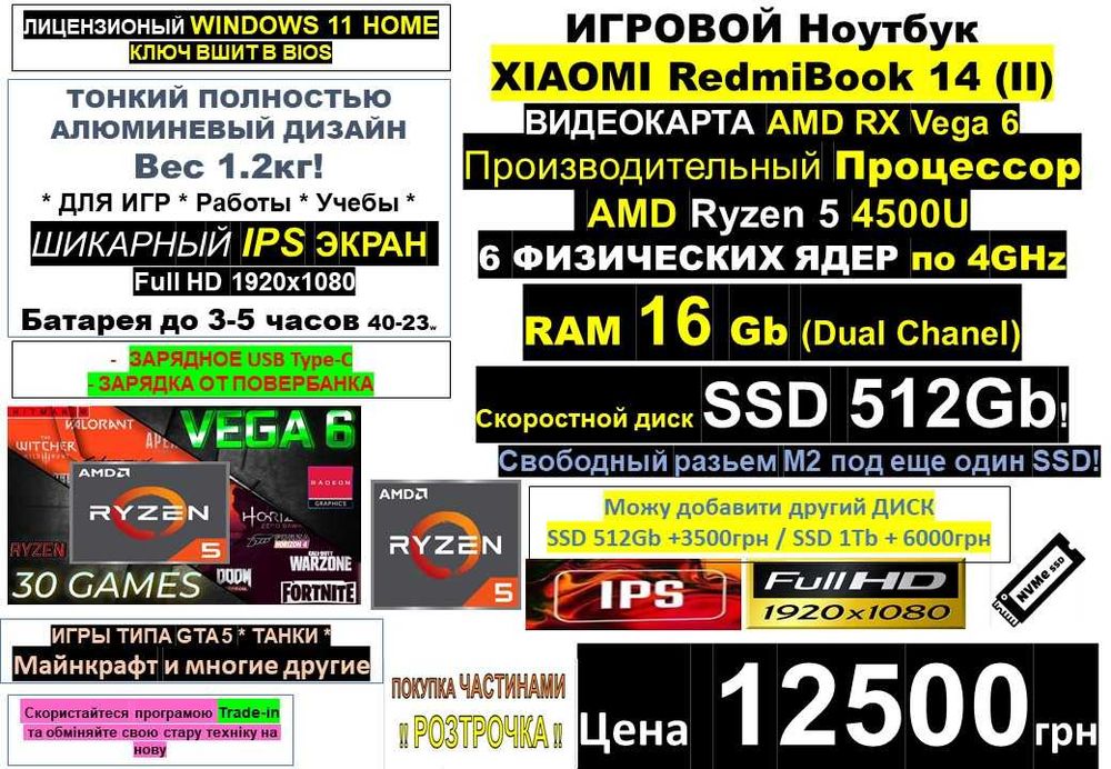 100+ Ноутбуків ℹ️XIAOMI RedmiBook 14 (II)‼️IPS 14"/Ryzen 5/RX Vega 6/SSD 512Gb/RAM 16Gb‼️Trade-in‼️