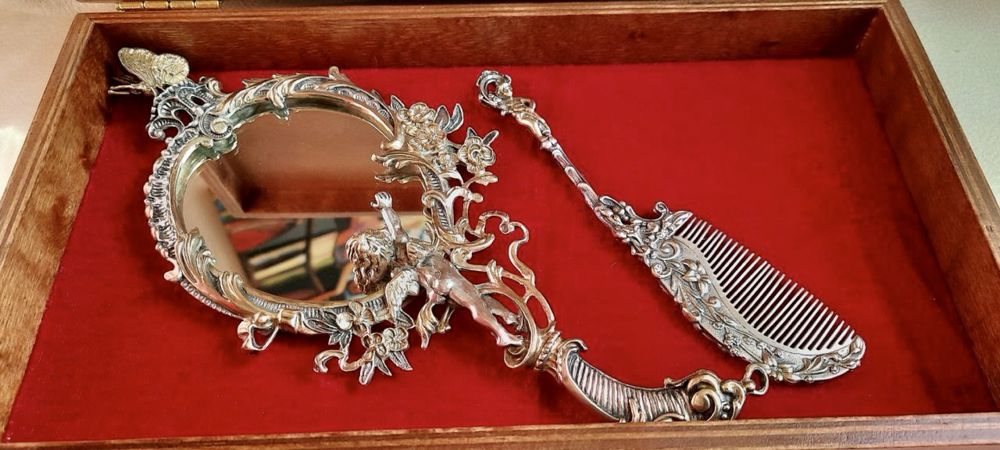 Срібне з позолотою дзеркальце 180 г, 24.5 см