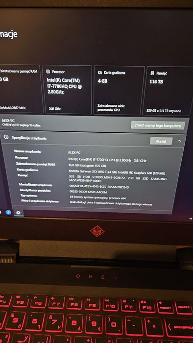 HP Omen / Intel Core I7/ 16 Ram / GTX 1050ti / Dobry Stan