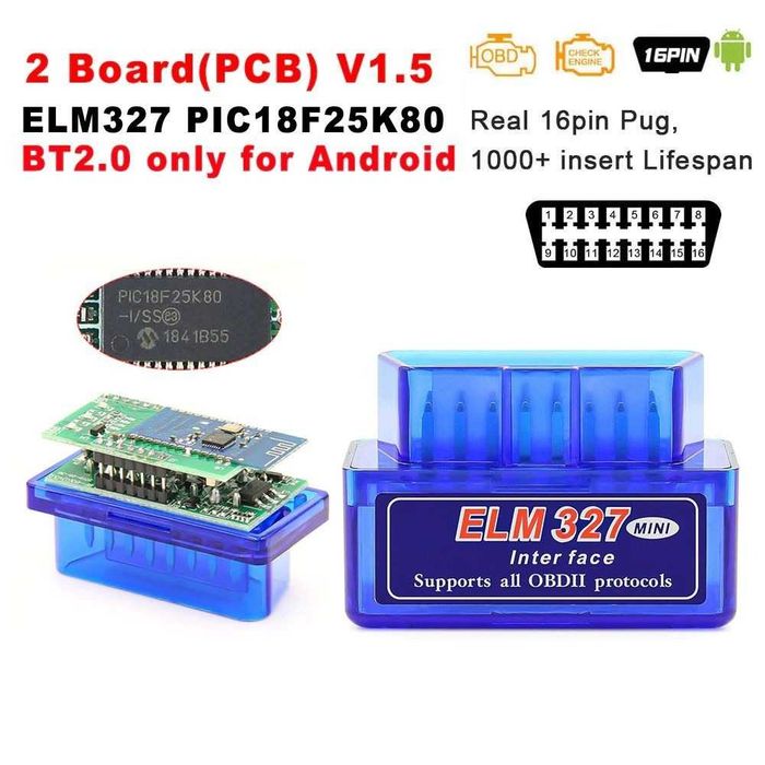 Diagnostyka i kontrola ELM 327 Bluetooth OBD2 V1.5 z PIC18F25K80 2PCB