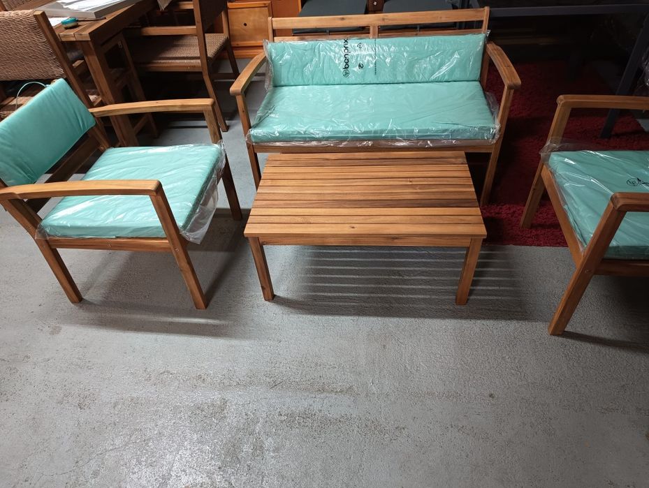 Drewniany zestaw ogrodowy - sofa + stolik + dwa fotele z poduszkami!