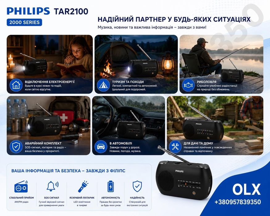Радіоприймач Philips TAR2100 — AM/FM, LED-ліхтарик, SOS, ручна динамо-зарядка, USB-вихід, живлення від акумулятора або 3×AAA батарейок.
