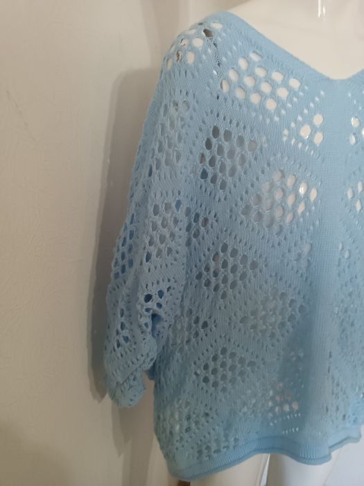 Lekki ażurowy sweter / bluzka nietoperz – błękitny – Oversize (S-XL)