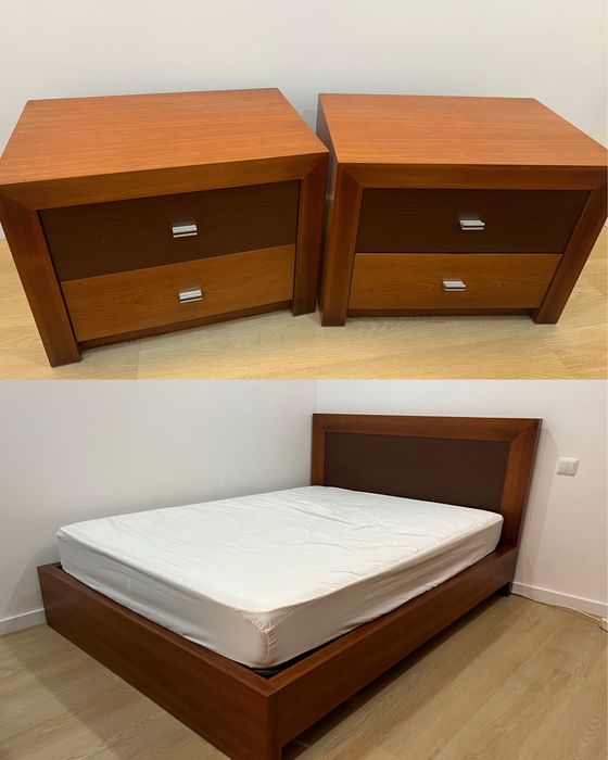 Conjunto cama e mesinhas de cabeceira em madeira cerejeira