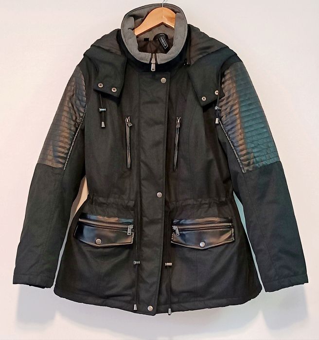 NOWA kurtka/parka r.48- czarna, wstawki ze sztucznej skóry