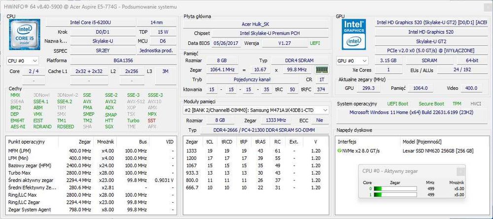 Acer E5-774g ekran 17,3" Intel I5 6200U 8GB RAM GTX950M 256GB SSD NVMe