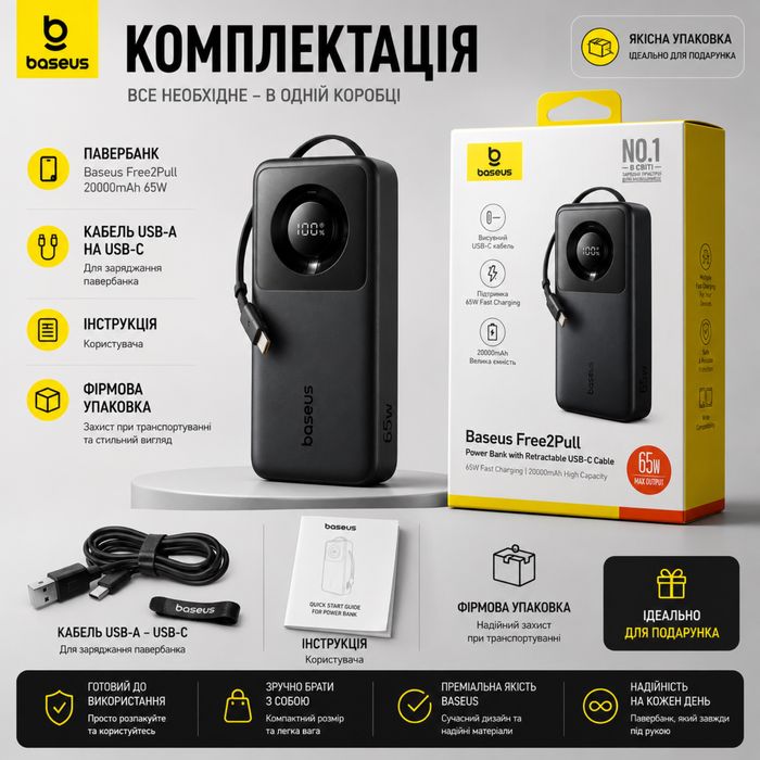 Power Bank Baseus Free2Pull 20000mAh 65W PD USB-C