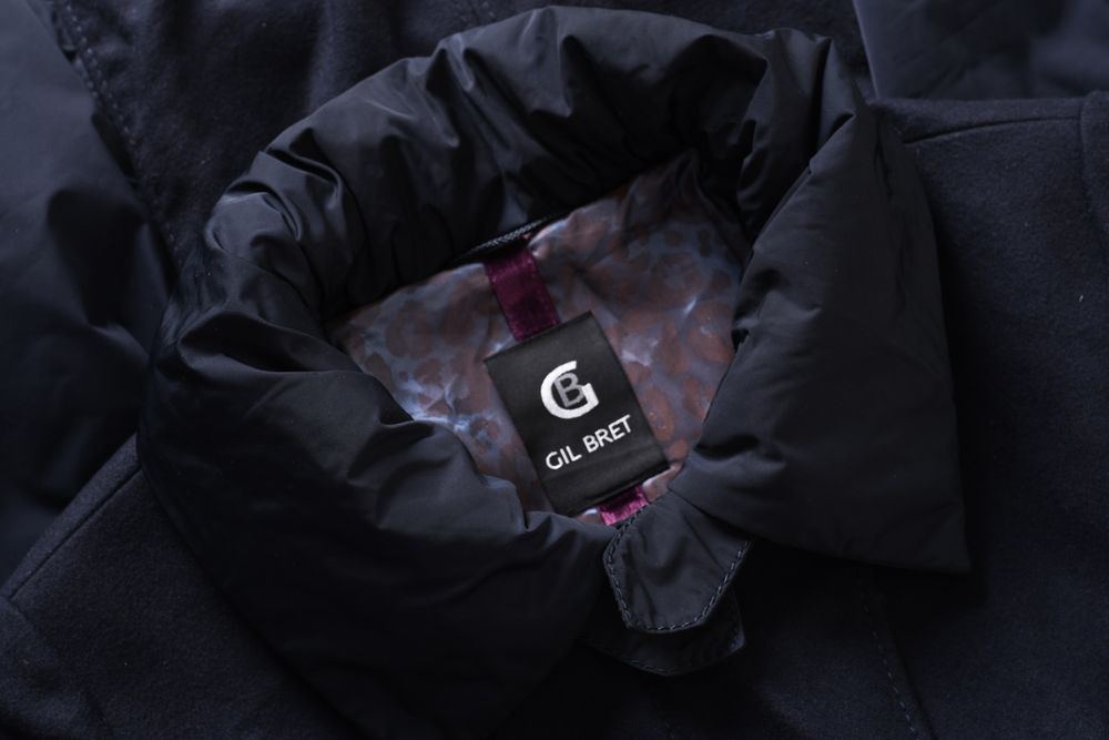 GIL BRET wełniany granatowy płaszcz damski na zamek 65% wełna r. 48