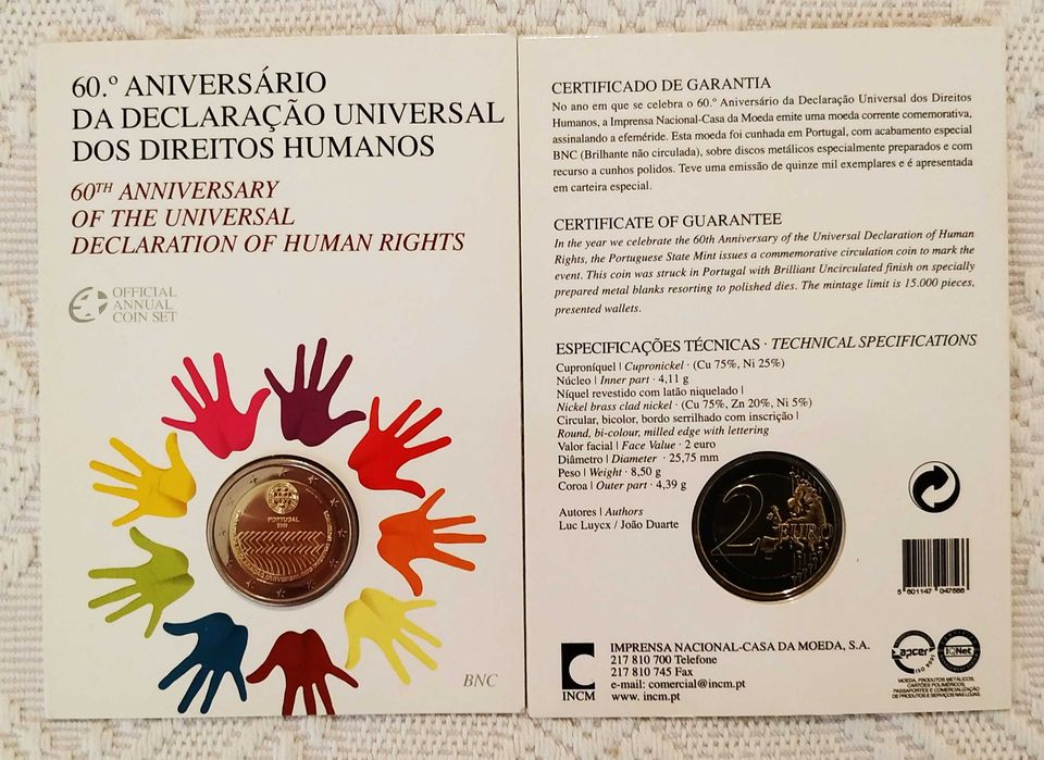 Portugal - moeda BNC de 2 euro de 2008 - 60º Aniversário da Declaração Universal dos Direitos Humanos (coincard)