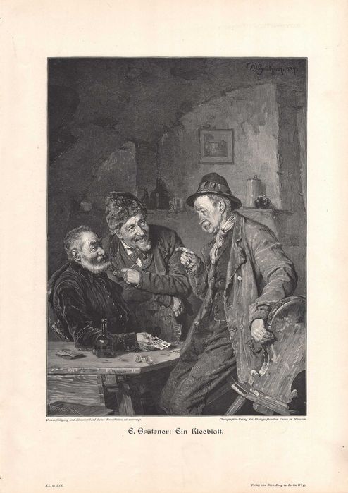 Grutzner: Trefl. Gra w karty. Drzeworyt 1905 r. oryginał