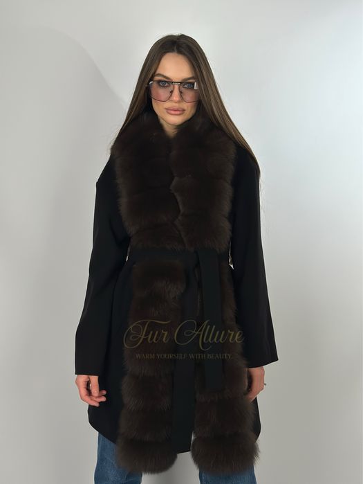 Жіноче чорне кашемірове пальто Мрія з хутром песця 90см,   42-56 рр