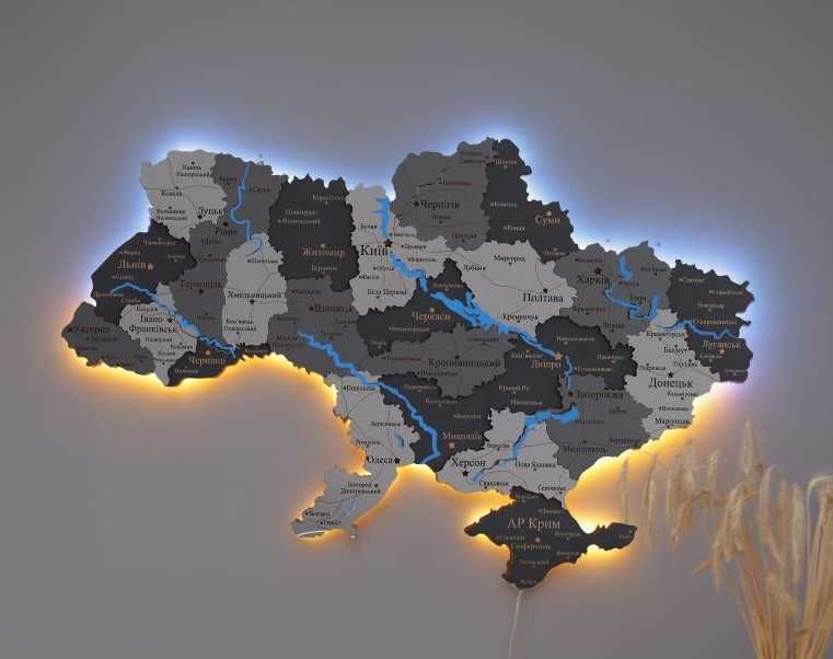 Мапа України з дерева з підсвіткою річок карта Украины с подсветкой