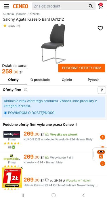 Krzesła Bard DD1212 ekoskóra szara/chrom – 2 szt. (Do renowacji / pod pokrowiec)