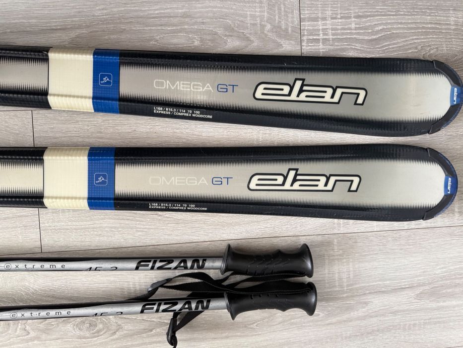 Narty Elan, buty Rossignol, kije fizan