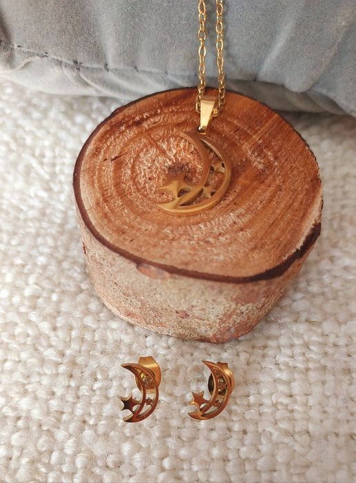 Conjunto de colar e brincos aço inoxidável dourado com lua e estrelas