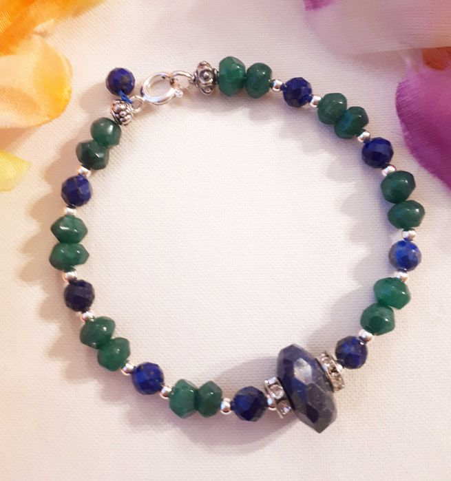 Bransoletka z kamieni - lapis lazuli, szmaragd prezent gwiazdka
