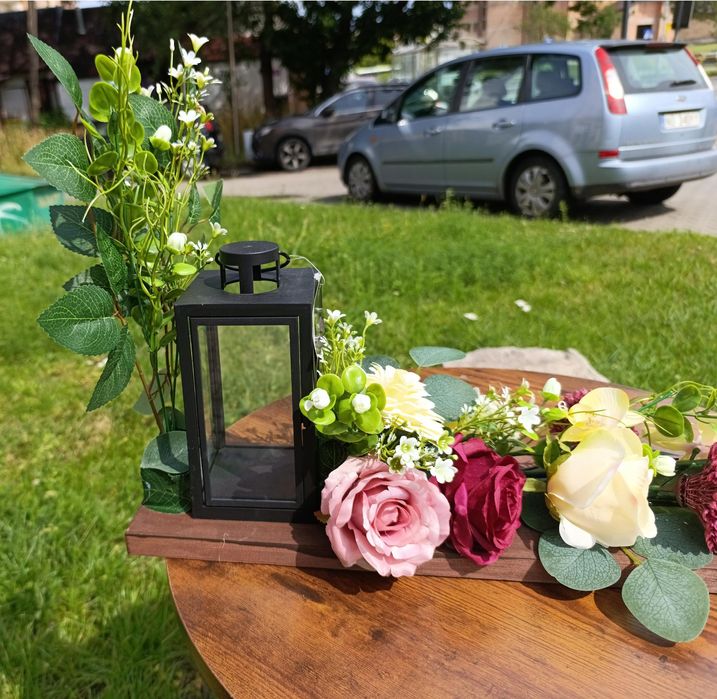 Stroik na grób deska drewno 60cm - kompozycja na cmentarz ze zniczem