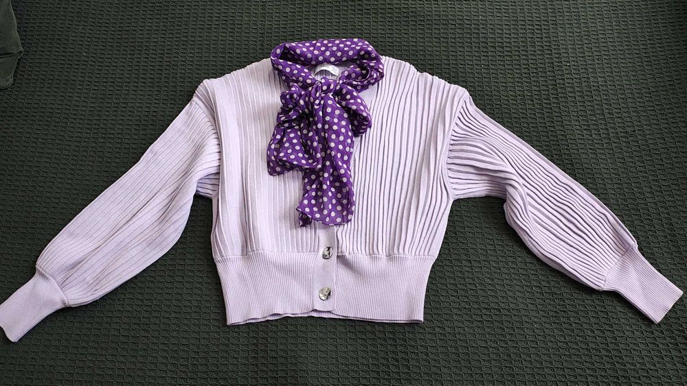 Kardigan krótki liliowy fioletowy plisowany  rękaw bufiasty