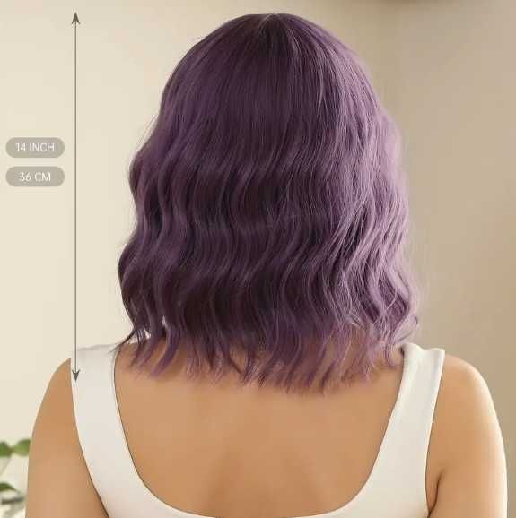 Peruka damska fioletowa bob włosy kręcone z grzywką dostawa 24h PL