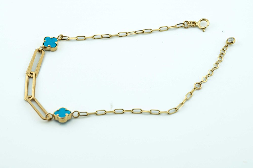 Piękna bransoletka spinacz paper clip niebieskie koniczynki złoto 585