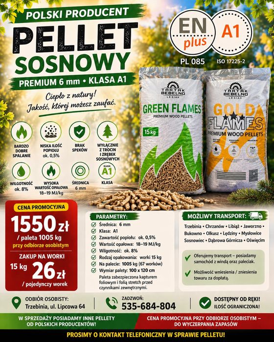 Pellet Trzebinia sosnowy klasa A1 6mm 23.88zł worek możliwość transpor