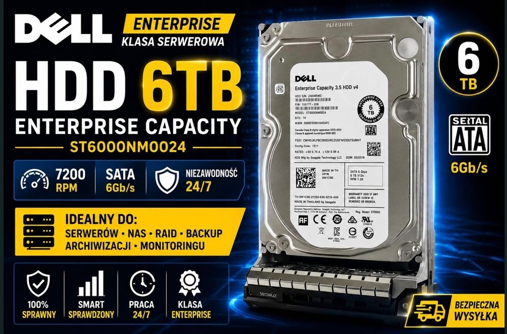 Dell Enterprise HDD 6TB | ST6000NM0024 | SATA 6Gb/s | 7200 RPM | Serwer / NAS / RAID