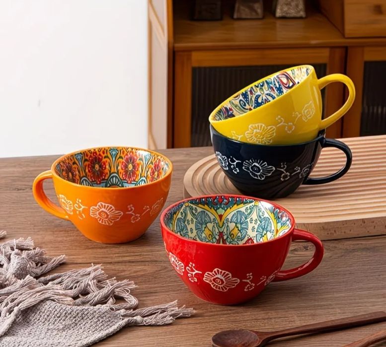 Kubek 4 sztuki, zestaw kubków ceramicznych w stylu bohemian