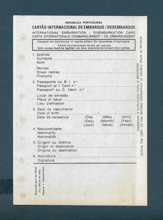 Cartão de controle de fronteiras antigo
