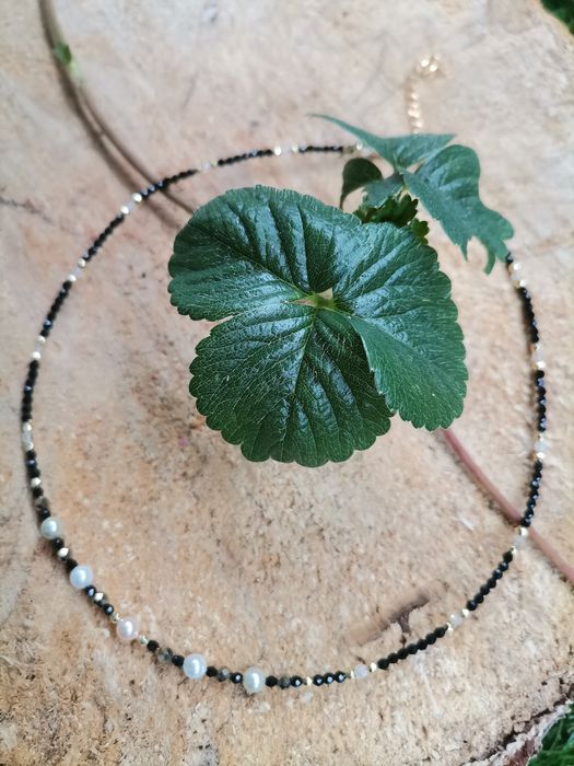 Naszyjnik choker na lince kryształ górski srebro 925 perły seashell