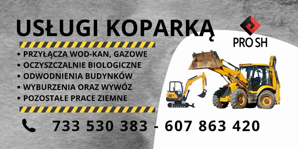 Uslugi koparką, Przyłącza WOD-KAN, Gazowe, Oczyszczalnie,Roboty ziemne