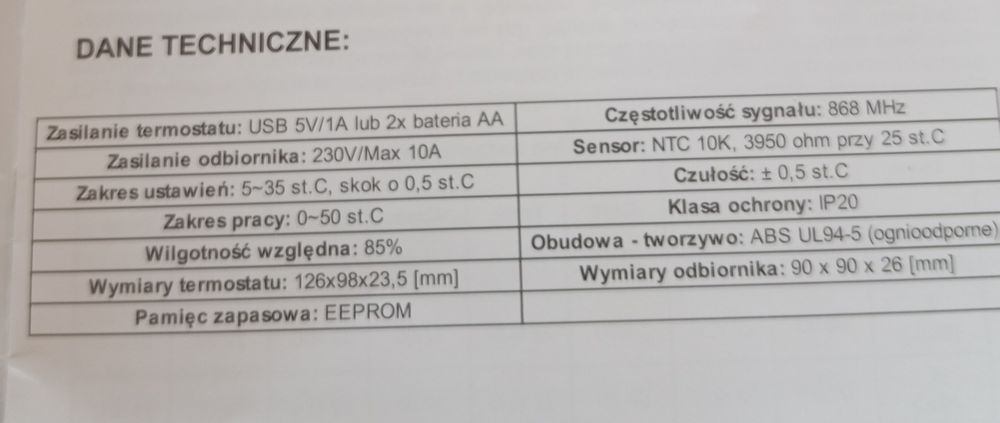 Bezprzewodowy termostat pokojowy COMFORT WT-20