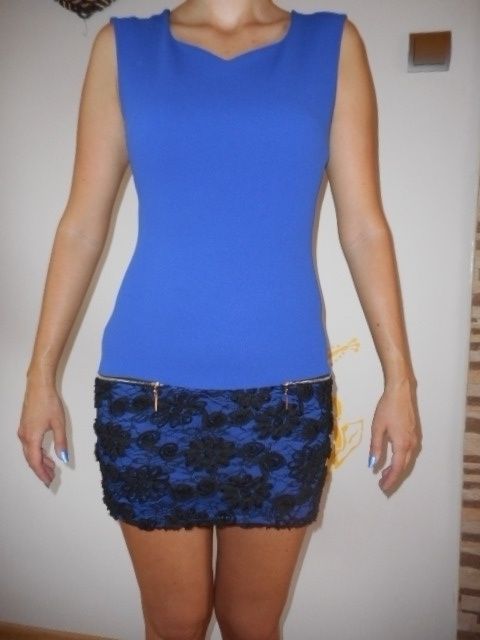 TANIO niebieska granatowa mini lycra M/L 38/40 kwiat czarne sukienka