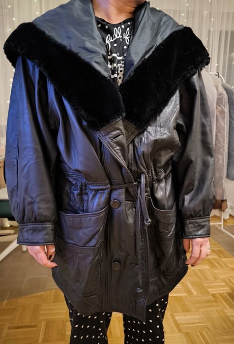 Skórzana Kurtka Damska z Rozpinanym Kapturem-Kołnierzem Rozm. M/L GLAN