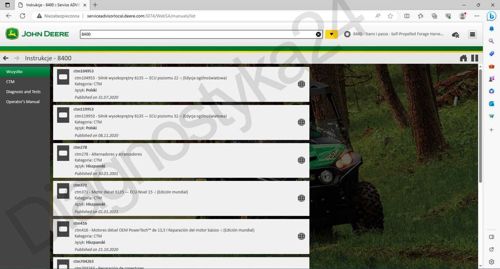 John Deere Service Advisor 2024.07 Najnowsze Oprogramowanie Zdalna Ins
