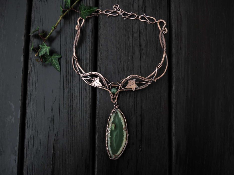Unikatowa miedziana kolia, zielony agat, bluszcz, rękodzieło