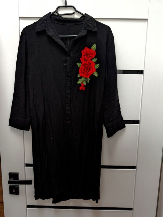 Czarna koszula ma krótka sukienka haftowane kwiaty róże s36