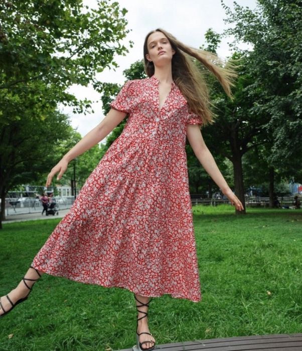 Zara sukienka czerwona białe kwiaty midi maxi S