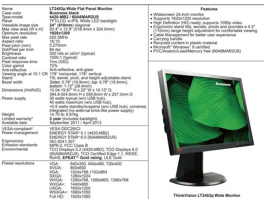 Lenovo ThinkVision LT2452p 24" em muito bom estado