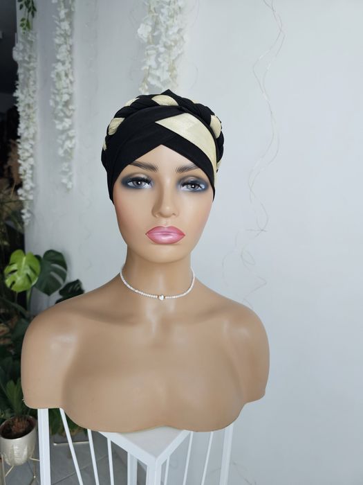 Turban czepek Gabi czarny złoto nakrycie głowy podczas leczenia czapka
