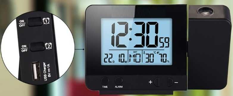 Zegar z Projektorem Termometr Wilgotność Zasilanie Przewodowe USB