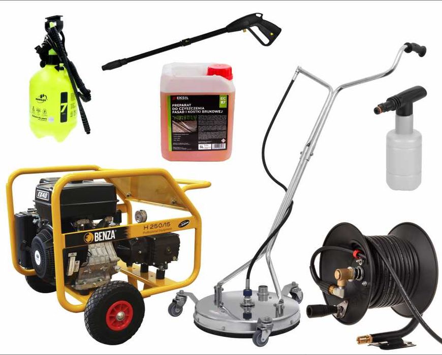 Spalinowa myjka do kostki brukowej + talerz + osprzęt + płyn - WYNAJEM