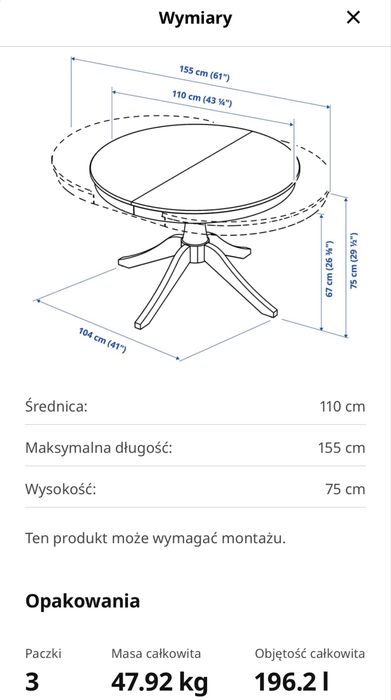 Stół okrągły INGATROP Ikea rozkładany 110cm