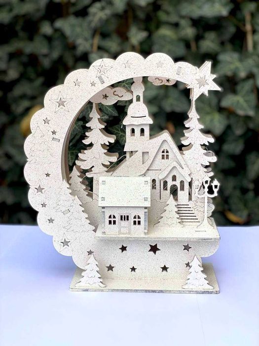 Різдвяний декоративний нічник, інсталяція Хатинка в лісі під місяцем