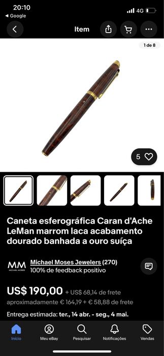 Caneta esferografica caran d’Ache LeMan marron, banhada a ouro suiça