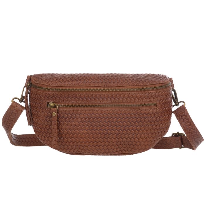VERA PELLE nerka zamszowa saszetka biodrówka pleciona V690 brązowa